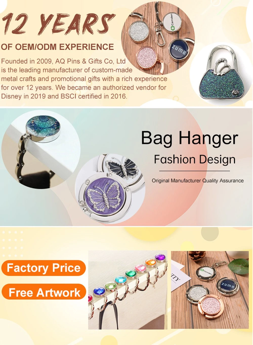 5% off Fashion Ziny Alloy Plated with Gemstone Folding Purse Hange Custom Logo Gifts Metal Pinting Epoxy Folding Purse Bag Hanger Stainless Steel Metal Craft